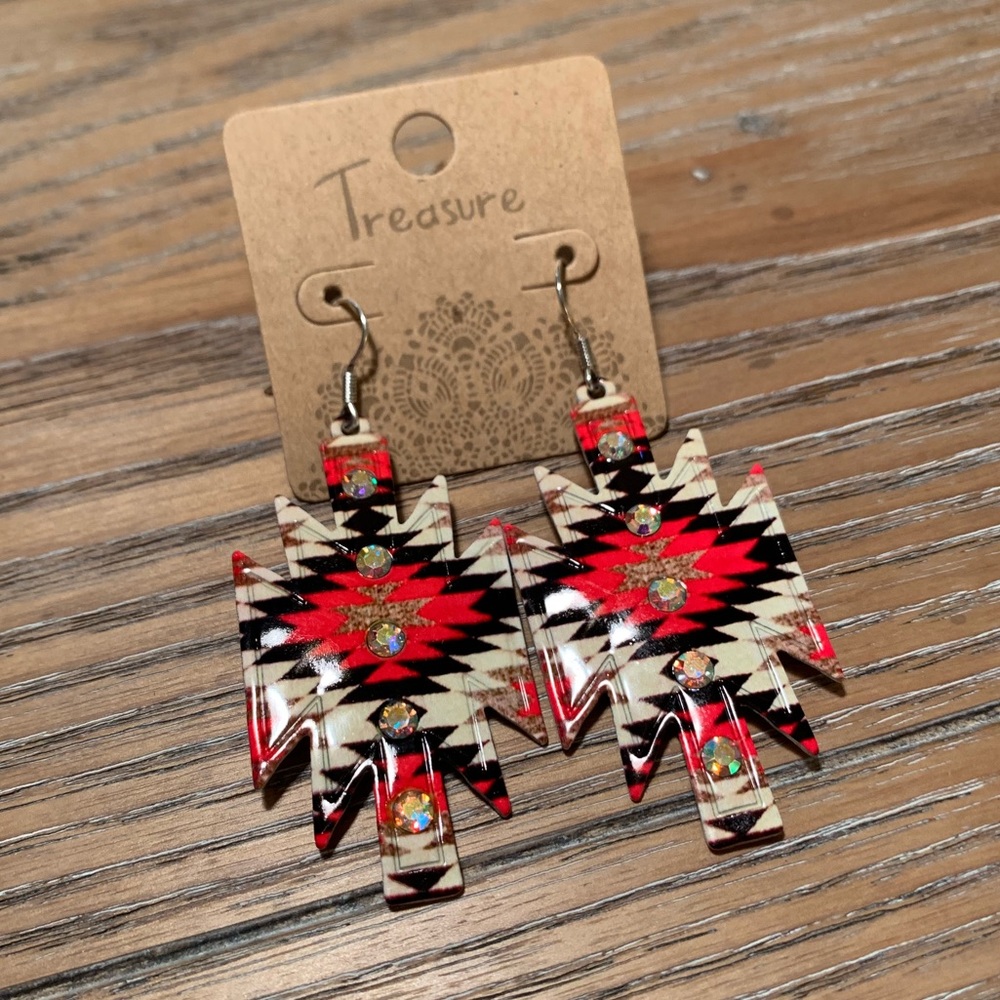 Red Aztec Western Style Earrings